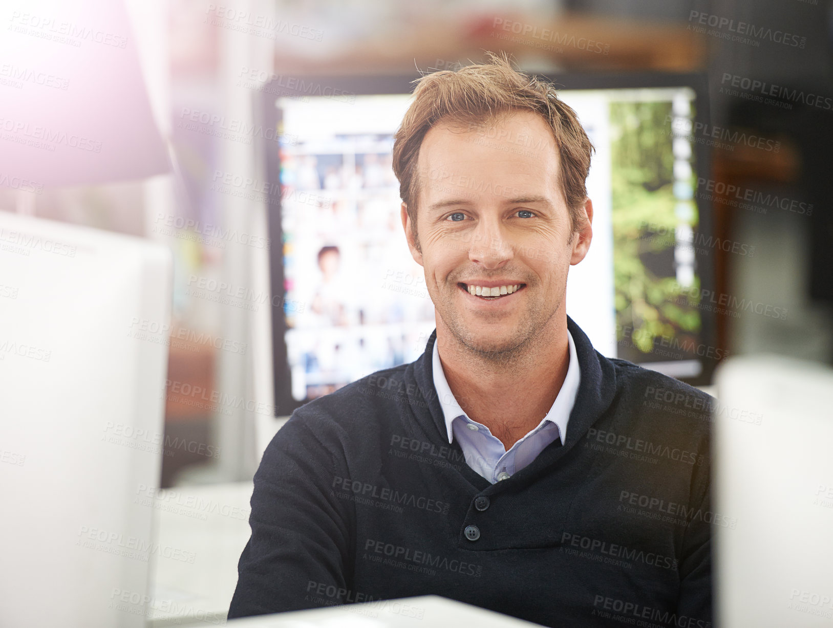 Buy stock photo Portrait, man and smile in office as employee at work for project in startup business, company and growth as graphic designer.  Worker, happy and confident with creative career or job and satisfied
