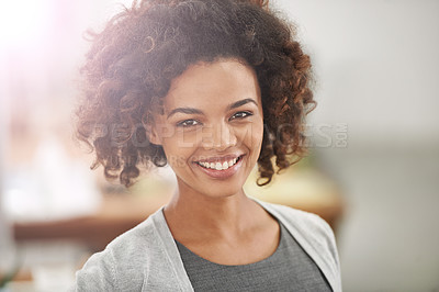 Buy stock photo Black woman, office and happy as employee in portrait for company with smile for recruitment and compliance in startup business. Female person, corporate and satisfied or confident with job as hr

