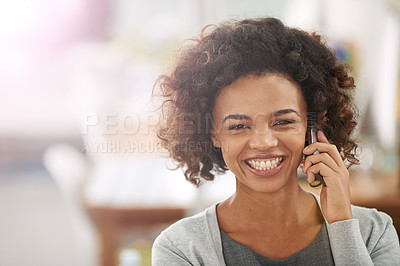 Buy stock photo Black woman, smile and cellphone for phone call with conversation, communication and mobile at home. Closeup, portrait and female person with happy on break for networking, discussion and connection