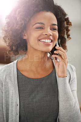 Buy stock photo Black woman, office and happy on phone call as employee on work break for conversation and chat as hr. Female person, corporate and smile or satisfied on cellphone with network and connection