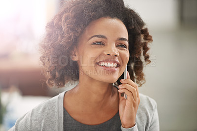 Buy stock photo Black woman, happy and cellphone for phone call with conversation, communication and mobile at home. Closeup, female person and smile or satisfied on break for networking discussion and connection