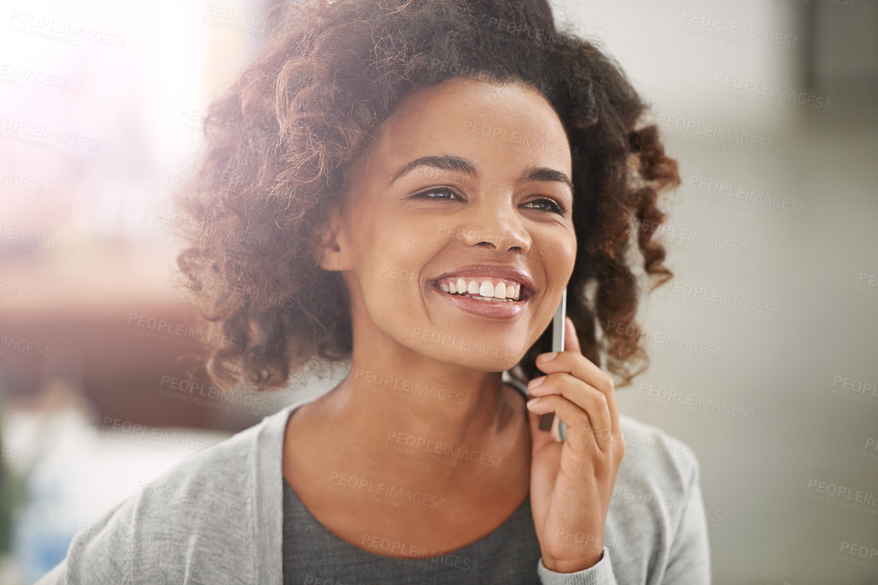 Buy stock photo Black woman, happy and cellphone for phone call with conversation, communication and mobile at home. Closeup, female person and smile or satisfied on break for networking discussion and connection