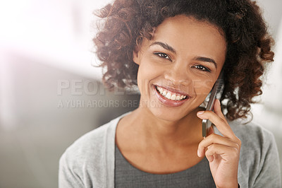 Buy stock photo Face, black woman and happy with smartphone for phone call in conversation, communication and mobile in office. Portrait, female person and smile at work break for positive discussion and connection