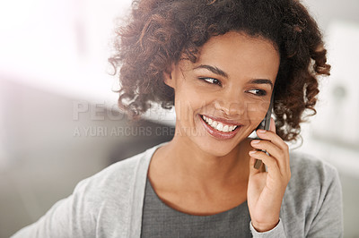 Buy stock photo Black woman, satisfied and smartphone for phone call with conversation, communication and mobile in office. Closeup, female person and happy with work break for networking, discussion and connection