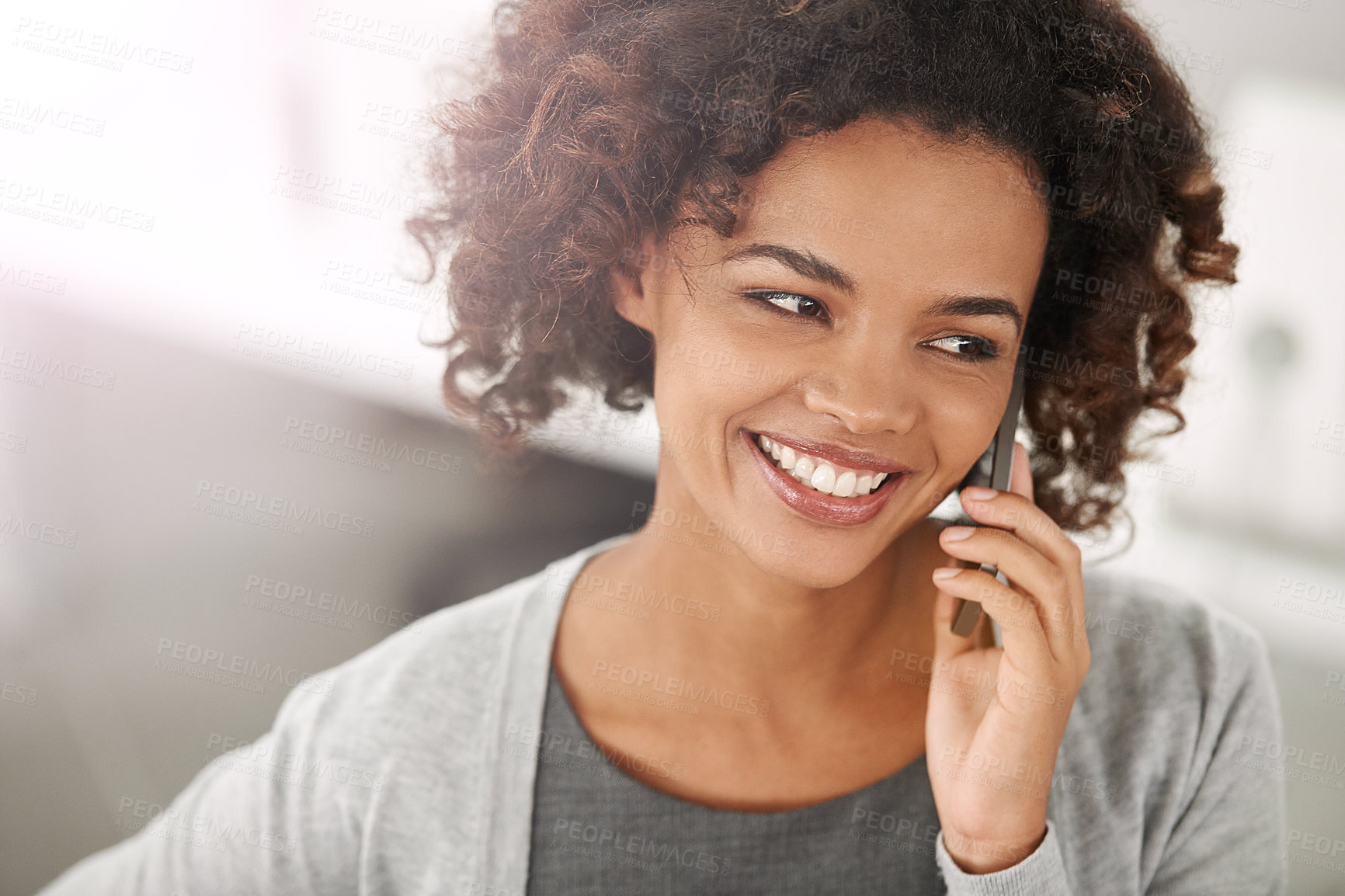 Buy stock photo Black woman, satisfied and smartphone for phone call with conversation, communication and mobile in office. Closeup, female person and happy with work break for networking, discussion and connection