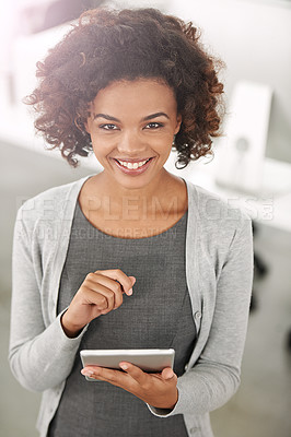 Buy stock photo Black woman, office and smile with tablet to search on internet for information and trends as public relations for company. Portrait, female person and online to browse website, networking and news

