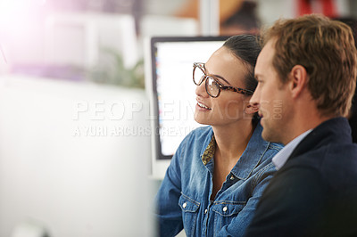 Buy stock photo Coworker, smile and office with computer for project in business, company and growth as web developers. Employee, colleagues and happy for teamwork or collaboration in creative career and satisfied
