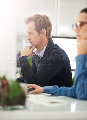 Buy stock photo Man, thinking and office with computer for project in startup business, company and growth as web designer. Employee, pc and confident with creative career, work and satisfied with job training
