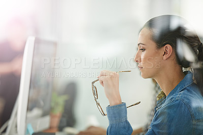 Buy stock photo Business woman, thinking and web design planning in office with idea and online project. Staff, professional and startup with a digital employee at a desk with work for company website with glasses