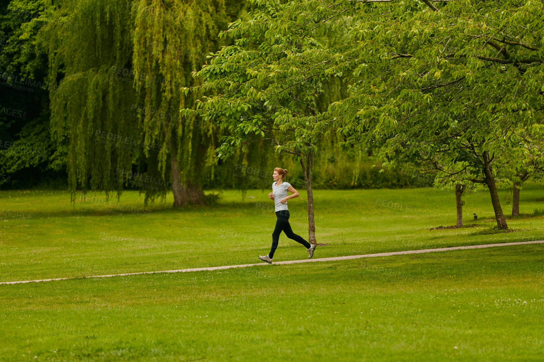 Buy stock photo Shot of a woman jogging along a foothpath in a park