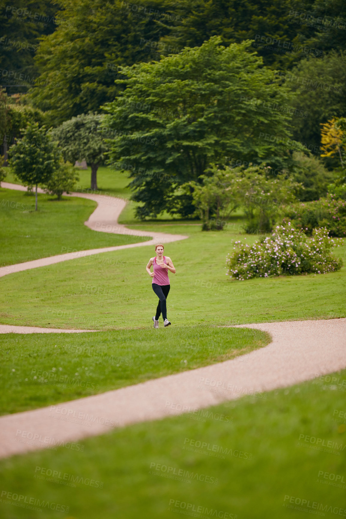 Buy stock photo Shot of a woman jogging along a foothpath in a park