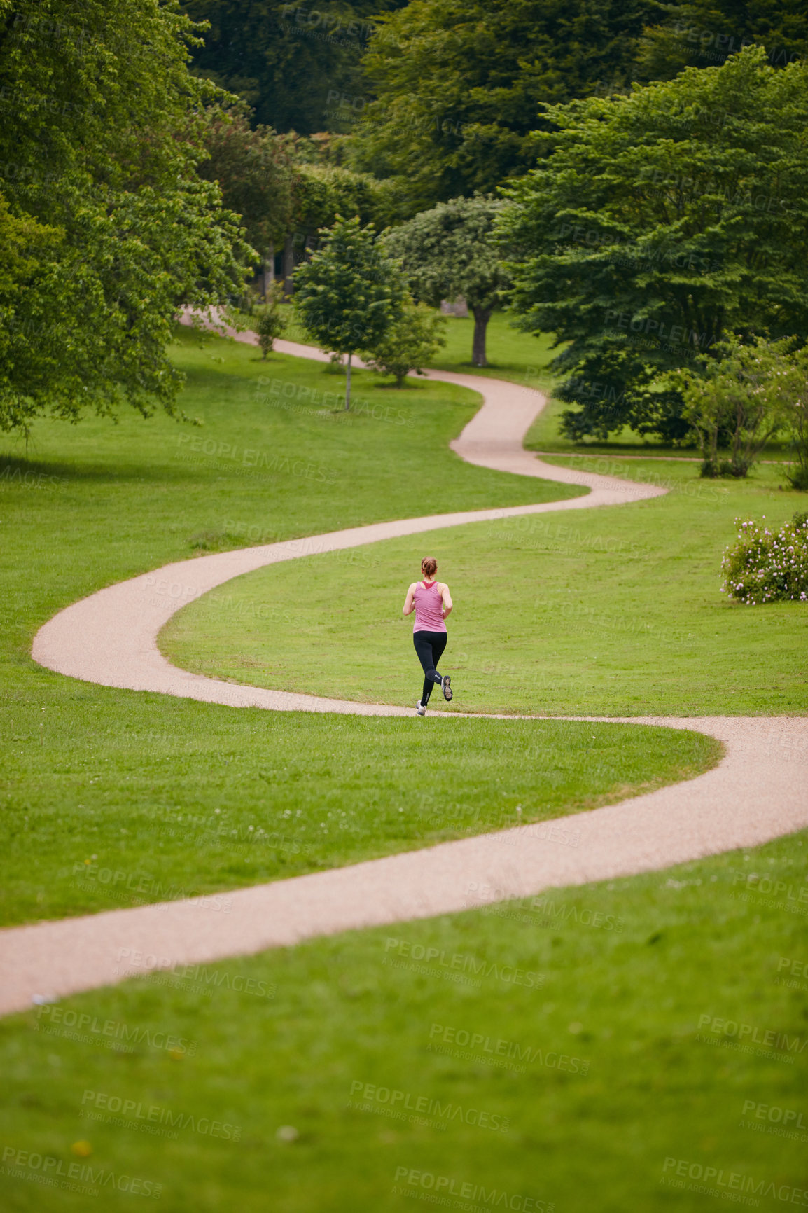 Buy stock photo Rearview shot of a woman jogging along a foothpath in a park