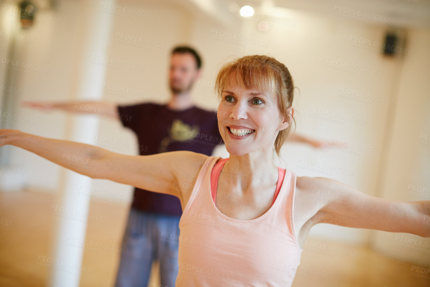 Buy stock photo Class, yoga and fitness with woman in studio for health, balance and holistic wellness lesson. Peace, healing exercise and stretching with people in club for self care, awareness and calm retreat