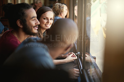 Buy stock photo Smile, happy and friends at window of coffee shop together for bonding or conversation on weekend. Relax, summer or table with group of young men and women talking in cafe or restaurant for time off