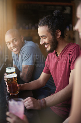 Buy stock photo Friends, men and smile in pub with beer for happy hour, relax or social event with window view. Diversity, people and drinking alcohol in restaurant or club with happiness for bonding and celebration
