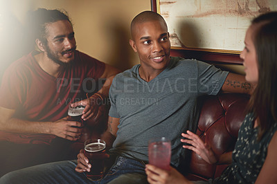 Buy stock photo Pub, conversation and friends with alcohol, cocktail and drinks for fun, social gathering and birthday. Happy, relax and men and women with beer in restaurant for weekend, celebration and holiday