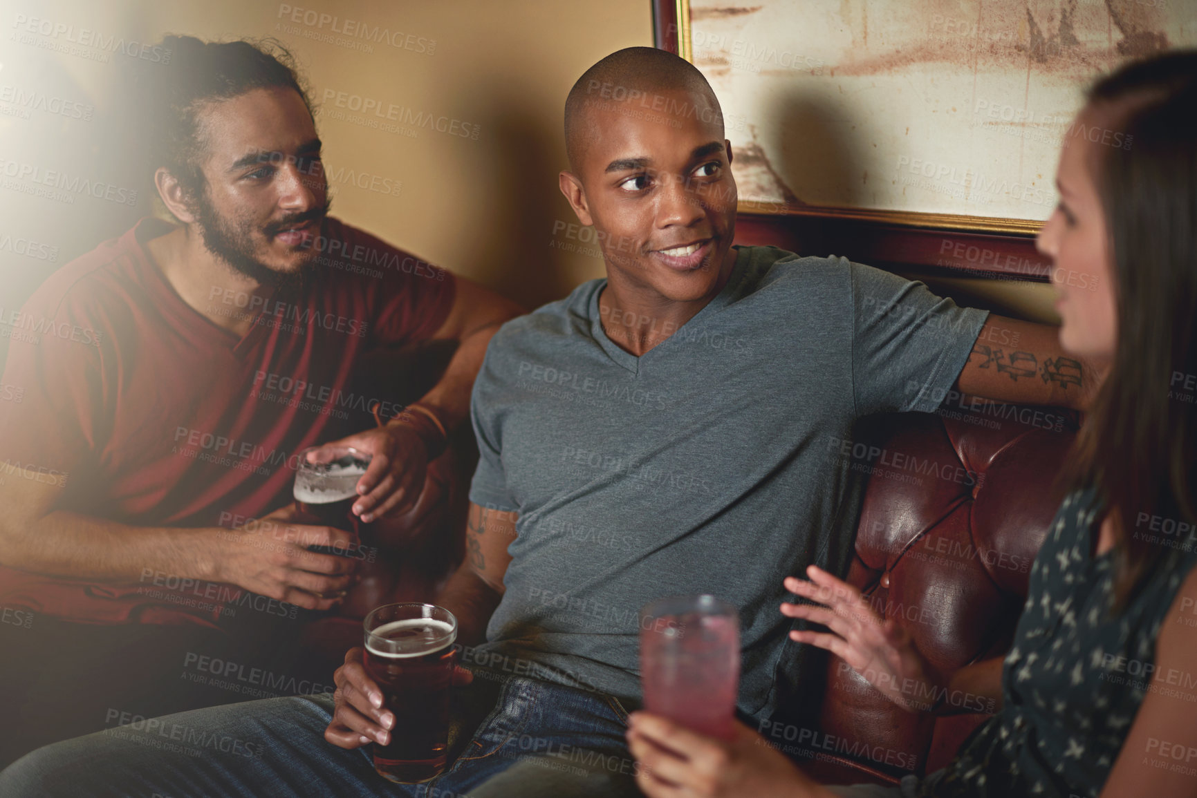 Buy stock photo Pub, conversation and friends with alcohol, cocktail and drinks for fun, social gathering and birthday. Happy, relax and men and women with beer in restaurant for weekend, celebration and holiday