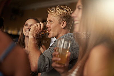 Buy stock photo Friends, man and happiness in pub with beer for happy hour, relax or social event with window view. Diversity, people and drinking alcohol in restaurant or club with smile for bonding and celebration