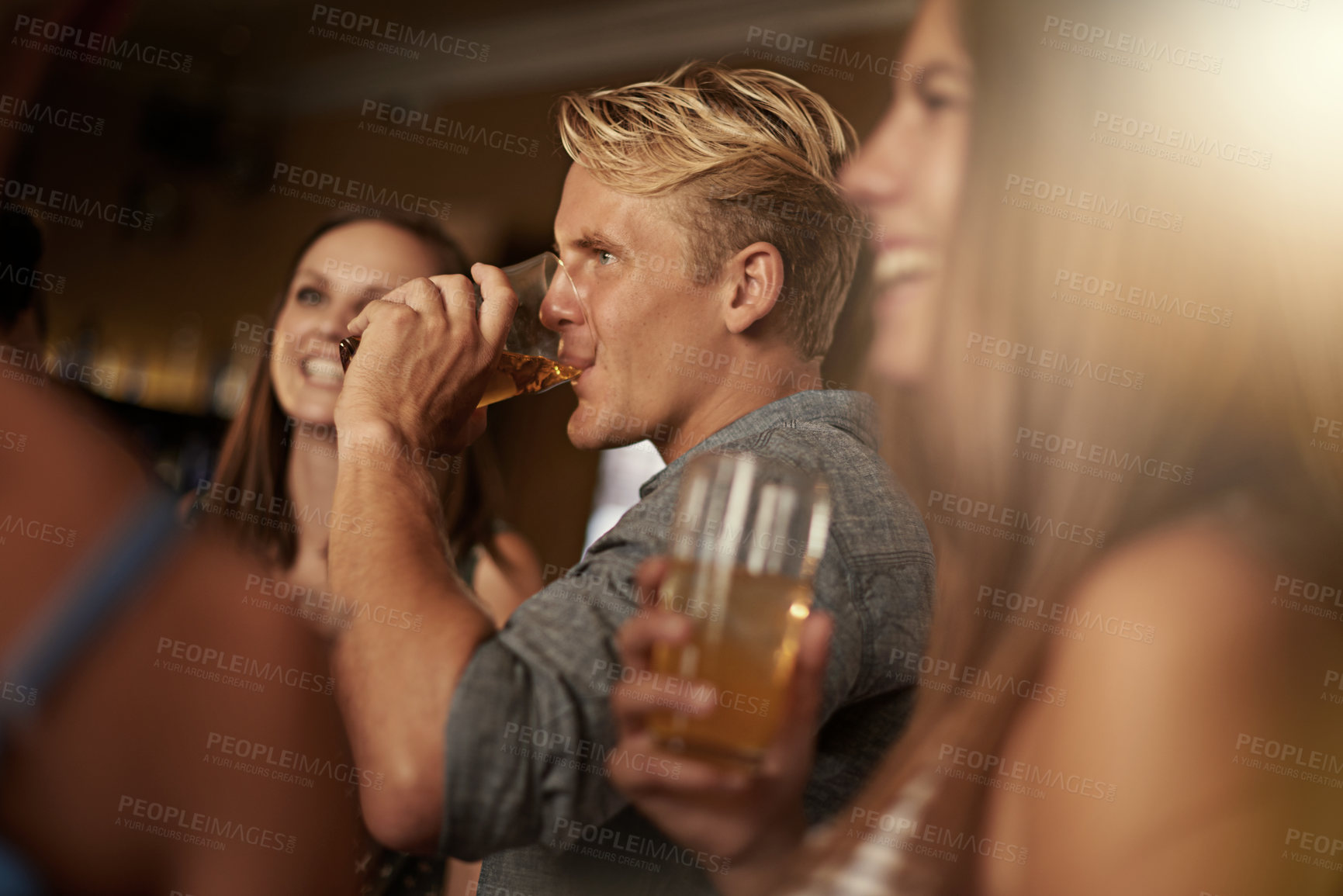 Buy stock photo Friends, man and happiness in pub with beer for happy hour, relax or social event with window view. Diversity, people and drinking alcohol in restaurant or club with smile for bonding and celebration