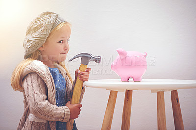 Buy stock photo Naughty, looking and a child with a hammer and piggy bank for savings, money and coins. Finance, idea and a little girl thinking of breaking a box for cash, wealth and financial growth with tools