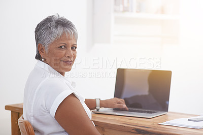 Buy stock photo Computer, portrait and senior woman in office smile for online management, digital project and planning or typing. Face of business person, professional worker or employee working at desk on laptop