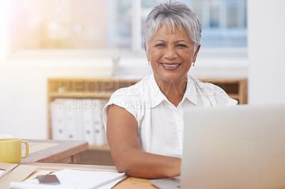 Buy stock photo Portrait, laptop and senior woman in office smile for career management, digital administration and planning. Happy face of biracial business person, manager or employee working at desk on computer