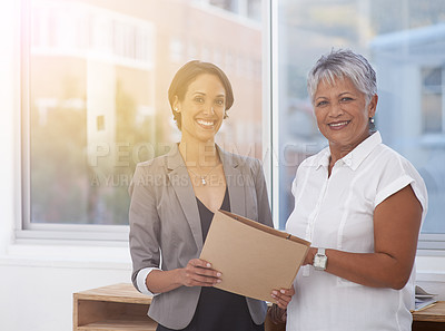 Buy stock photo Women, business team and portrait in office for success, teamwork or collaboration. Corporate team or manager and employee together for planning, management or partnership with paperwork for report
