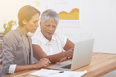 Buy stock photo Planning, teamwork and business women on laptop for digital analytics, data analysis or review online report. Professional people reading results on computer with focus, solution or problem solving