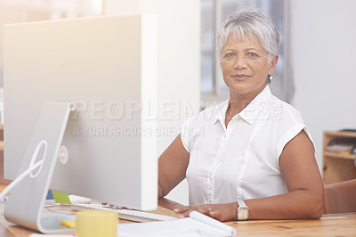 Buy stock photo Desktop, portrait and mature woman in office for online management, digital planning and working with career mindset. Confident indian person, professional worker or business employee on computer pc