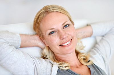 Buy stock photo Portrait of a woman relaxing at home