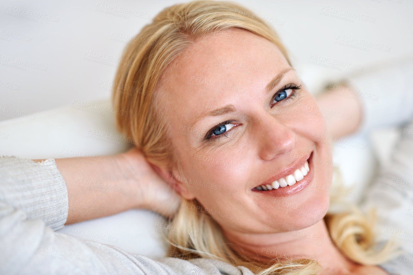 Buy stock photo Portrait of a woman relaxing at home