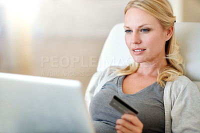 Buy stock photo Woman, laptop and credit card for ecommerce, payment or electronic purchase in living room at home. Female person or shopper on computer for online shopping, bank app or internet banking at the house