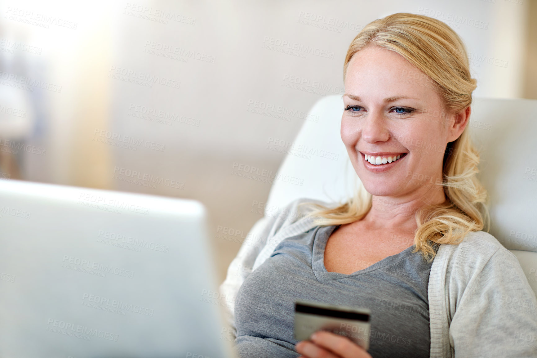 Buy stock photo Happy woman, laptop and credit card for online shopping, payment or electronic purchase in living room at home. Excited female person or shopper with smile on computer for ecommerce, app or banking