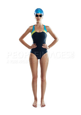 Buy stock photo Full length portrait of a young female swimmer isolated on white