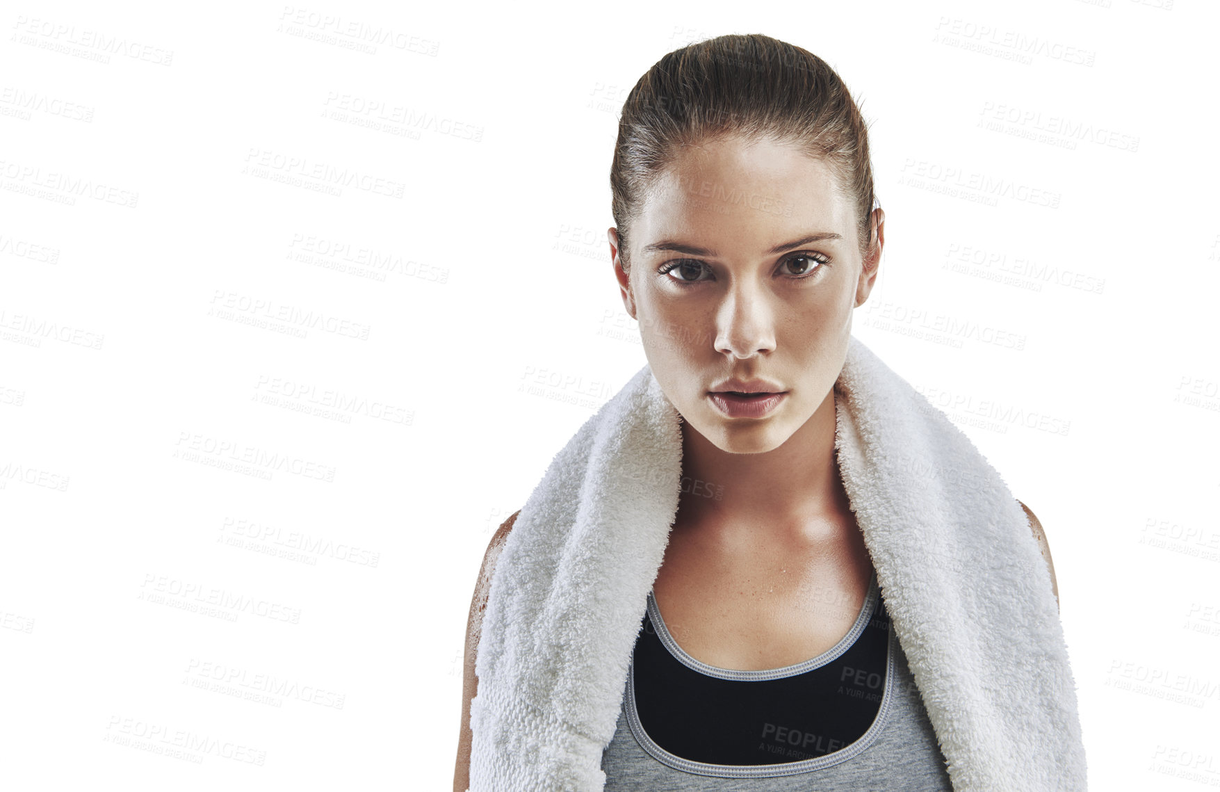 Buy stock photo Portrait, woman and fitness in studio with towel for sweat, workout break, exercise pause and wellness. Serious, female person and athlete with confidence, pride and mockup space on white background.