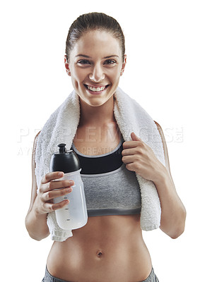 Buy stock photo Cropped portrait of a young female athlete with a towel around her neck against white background