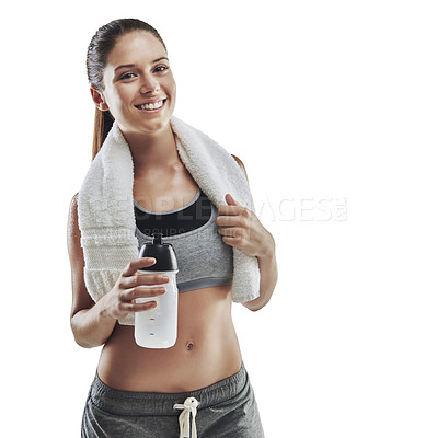 Buy stock photo Cropped portrait of a young female athlete with a towel around her neck against white background