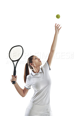 Buy stock photo Studio shot of a female tennis player getting ready to serve the ball