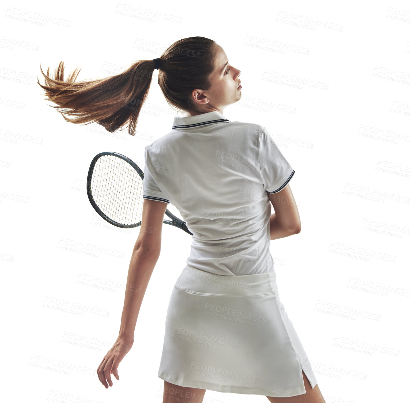 Buy stock photo Studio shot of a female tennis player holding a racket against a white background