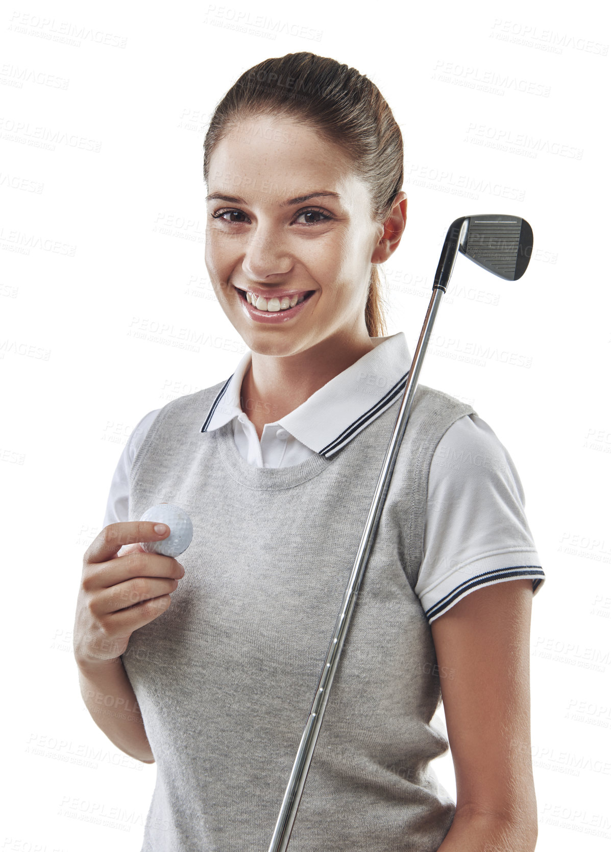 Buy stock photo Studio shot of a young golfer holding a golf ball and iron club isolated on white