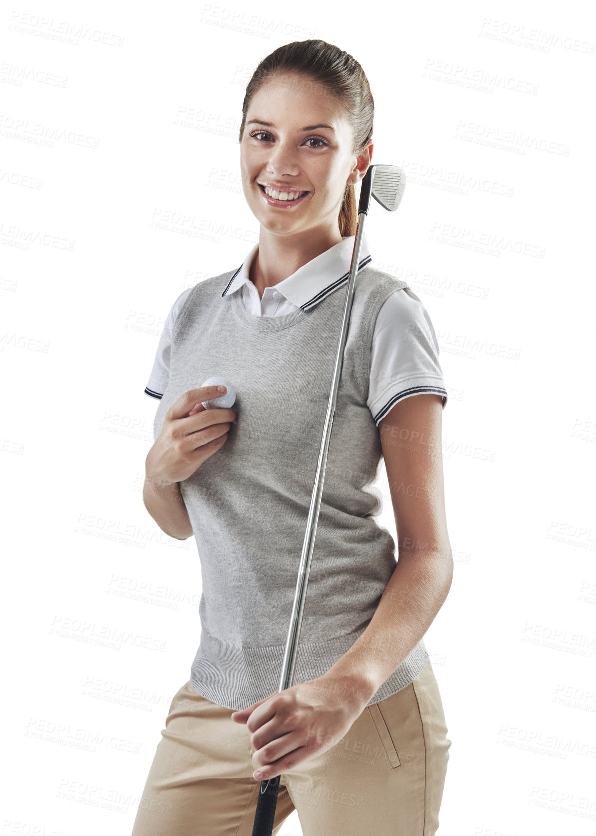 Buy stock photo Studio shot of a young golfer holding a golf ball and iron club isolated on white