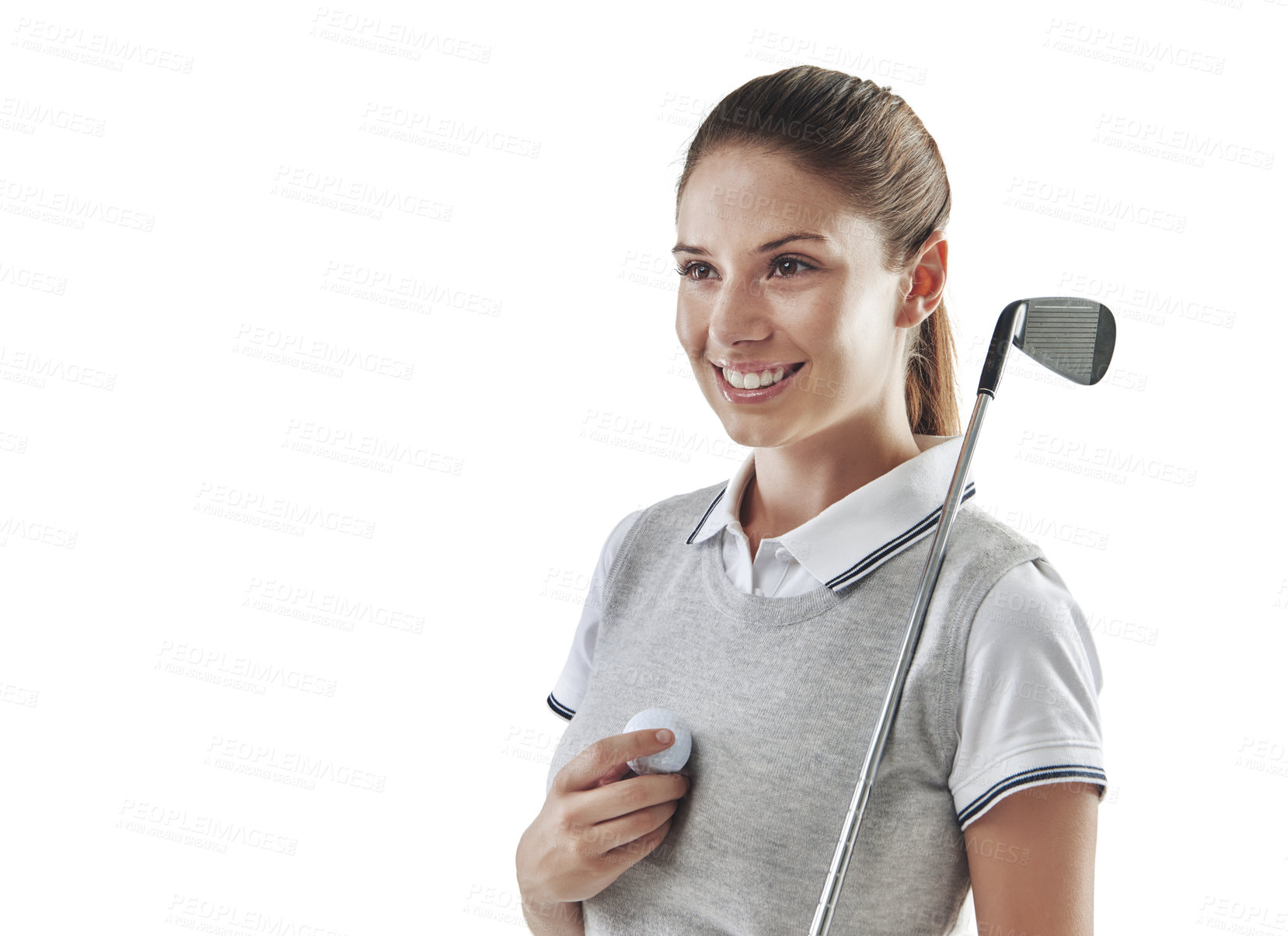 Buy stock photo Happy, athlete and woman with golf club, studio and ball for sport championship and white background. Golfer, smile and person with equipment for tournament, mockup space and reflection for game