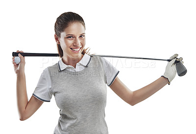 Buy stock photo Studio shot of a young golfer holding a golf club behind her back isolated on white