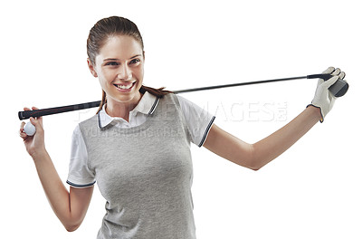 Buy stock photo Studio shot of a young golfer holding a golf club behind her back isolated on white