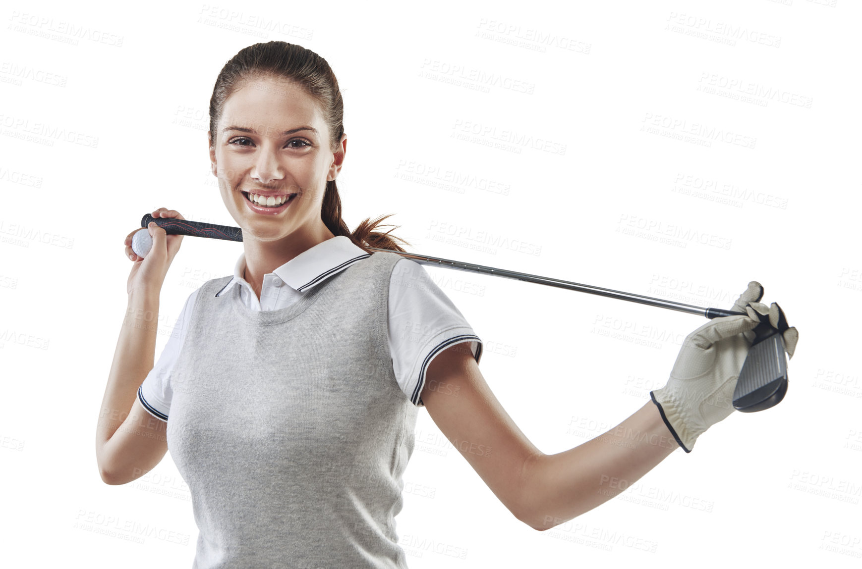 Buy stock photo Studio shot of a young golfer holding a golf club behind her back isolated on white