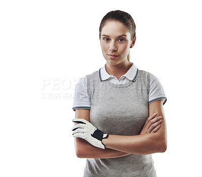 Buy stock photo Studio shot of a young golfer isolated on white