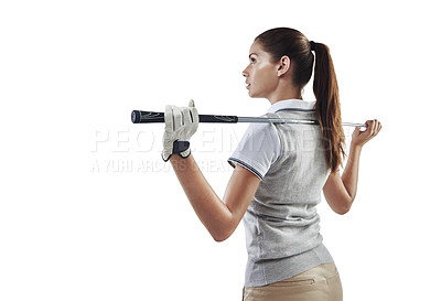 Buy stock photo Sports, golf and back of woman in a studio with an iron, metal or steel club equipment for a game. Fitness, glove and professional female golfer athlete for golfing match isolated by white background