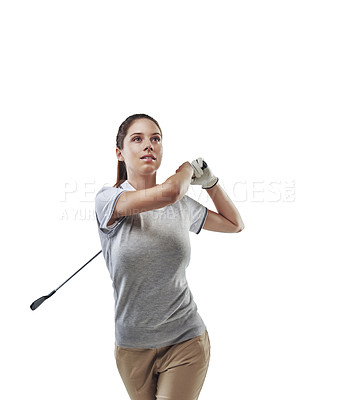 Buy stock photo Studio shot of a young golfer practicing her swing isolated on white