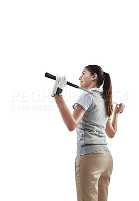 Buy stock photo Fitness, golf and woman athlete in studio contemplating with a steel club equipment for game. Fitness, pensive and professional female golfer thinking about golfing match isolated by white background