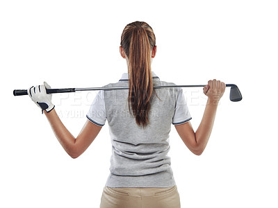 Buy stock photo Studio shot of a young golfer holding a golf club behind her back isolated on white